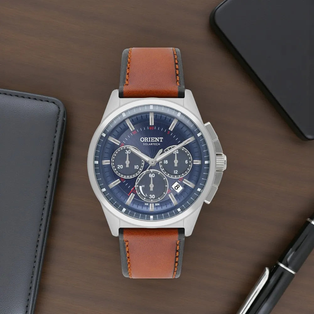 Relógio Orient Masculino Marrom, Prata & Azul