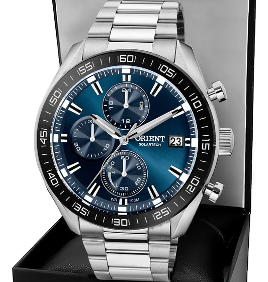 Relógio Orient Solartech Masculino Cronógrafo Azul Preto