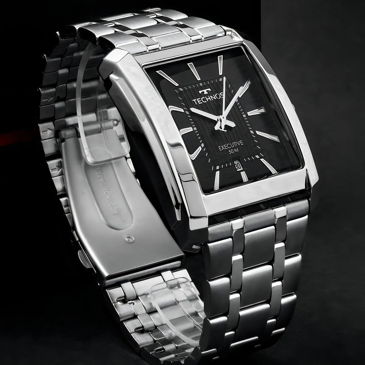 Relógio Analógico Technos Masculino Inoxidável Prata Fundo Preto