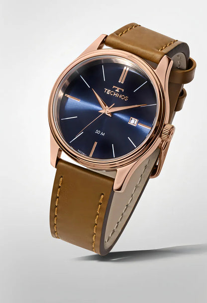 Relógio Technos Steel Rosé Masculino 42mm Pulseira Couro Marrom